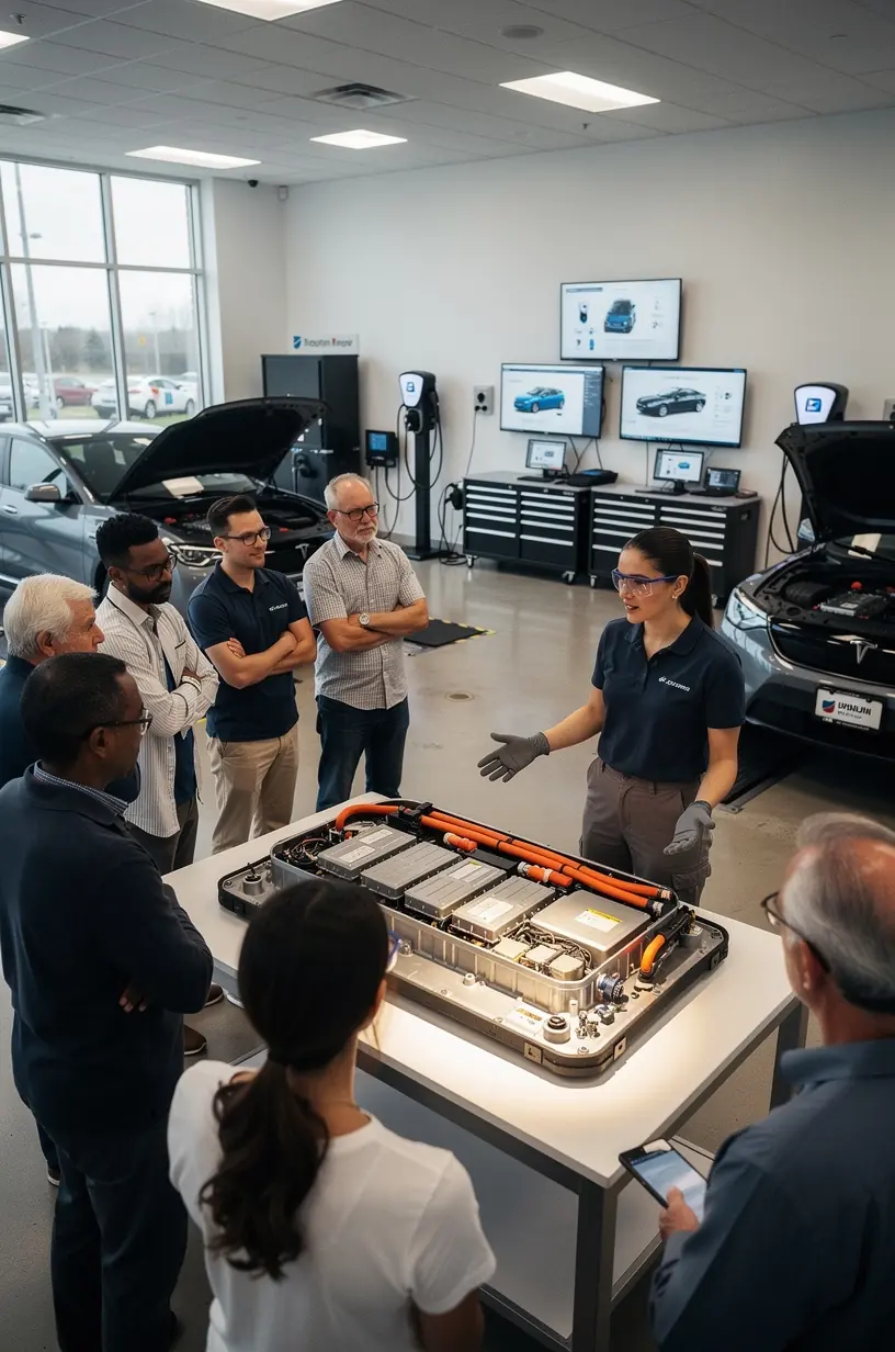 Mechanic explaining hybrid car battery health report to customer inside modern service studio.