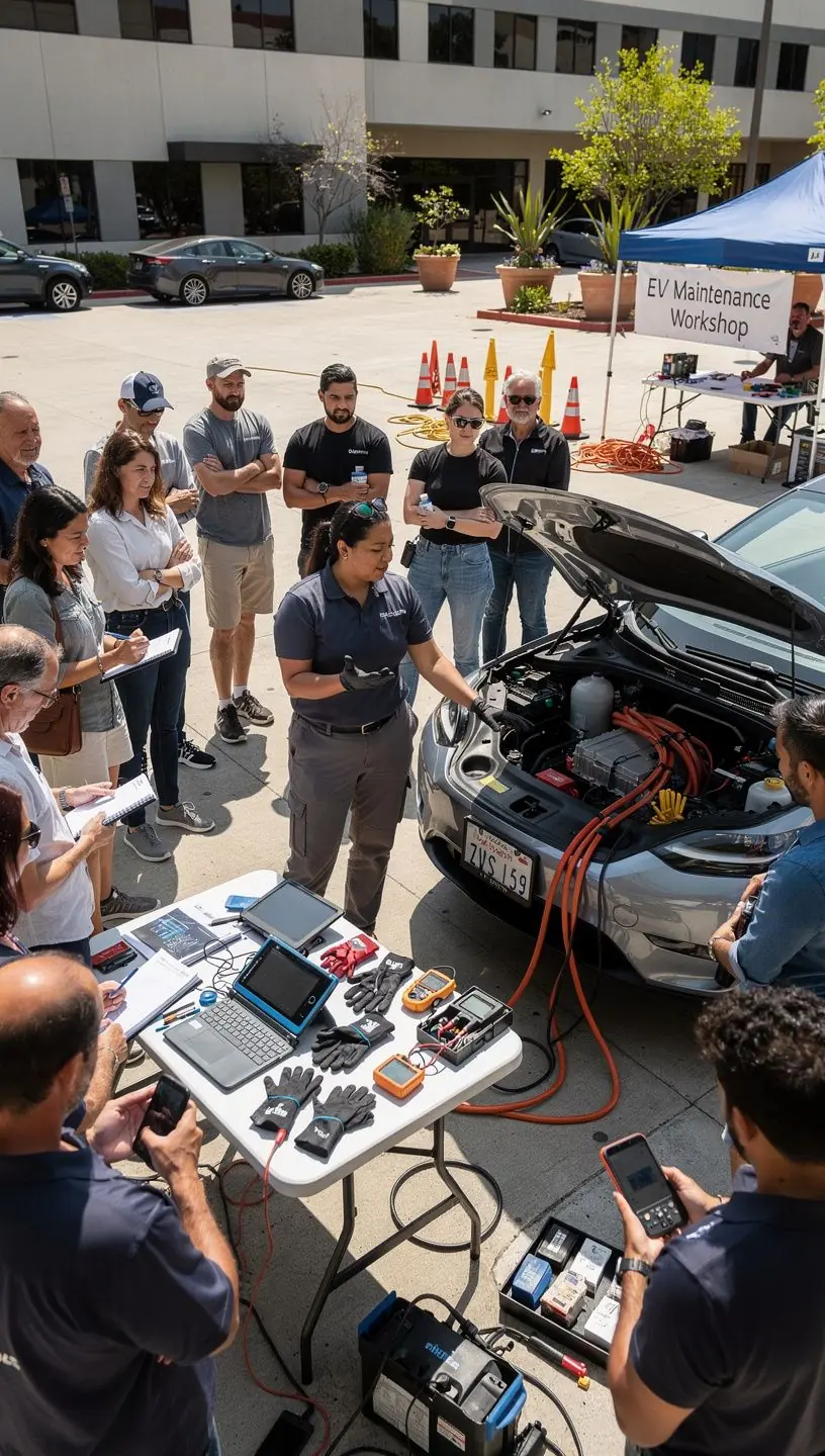 High-tech equipment used for testing and repairing electric vehicle battery modules in workshop.